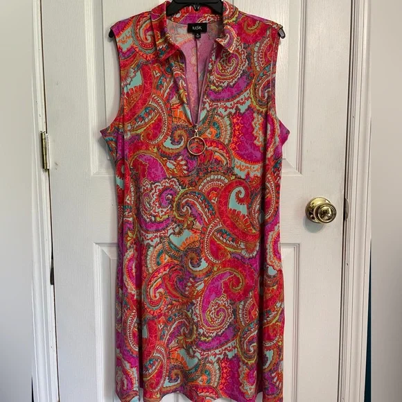 MSK Sleeveless Collared Quarter-Zip Colorful Paisley Swing Shift Dress Size XL - Picture 5 of 8